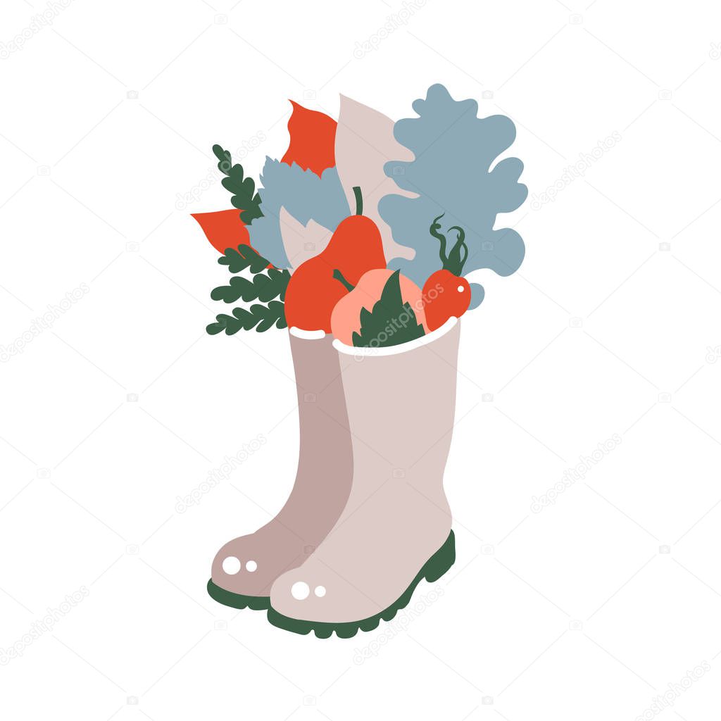 Celebration of harvesting. Print in the Scandinavian style. Autumn leaves, berries, apples, pears in rubber boots. Vector illustration.