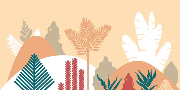 Paisaje Montañoso Montañoso Con Plantas Árboles Tropicales Palmeras Suculentas Paisaje — Vector de stock