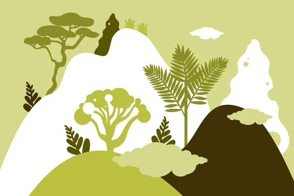 Paisaje Montañoso Montañoso Con Plantas Árboles Tropicales Palmeras Suculentas Paisaje — Vector de stock