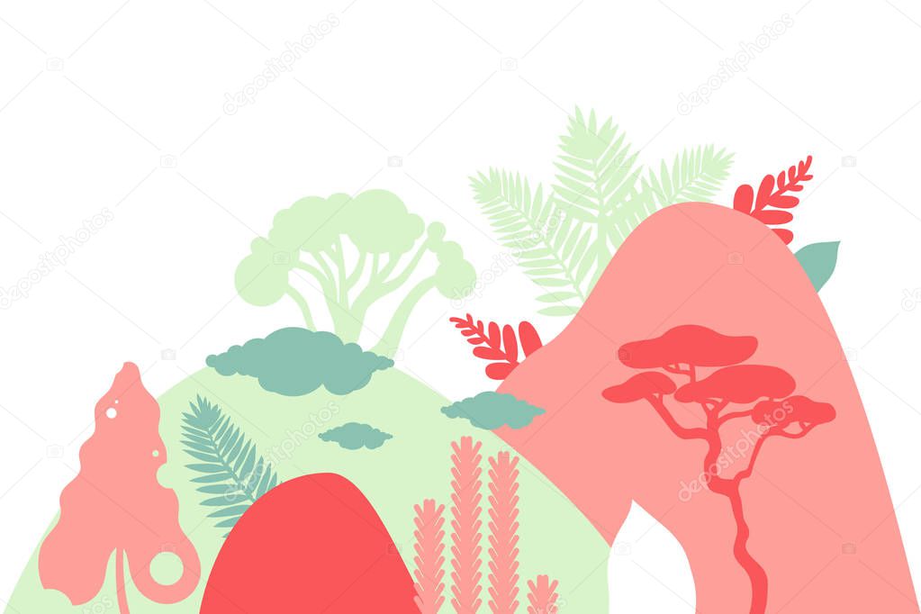 Mountain hilly landscape with tropical plants and trees, palms, succulents. Asian landscape in green, red color. Scandinavian style. Environmental protection, ecology. Park, exterior space, outdoor. Vector illustration.