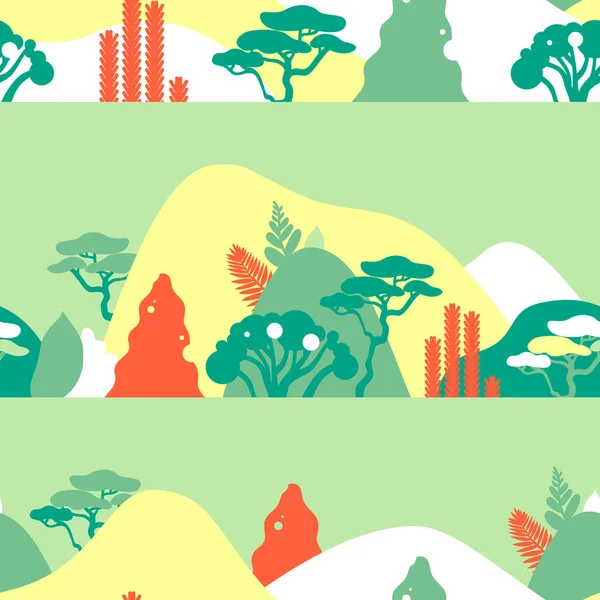 Hegyvidéki Dombos Táj Trópusi Növényekkel Fákkal Tenyerekkel Zamatos Növényekkel Skandináv — Stock Vector
