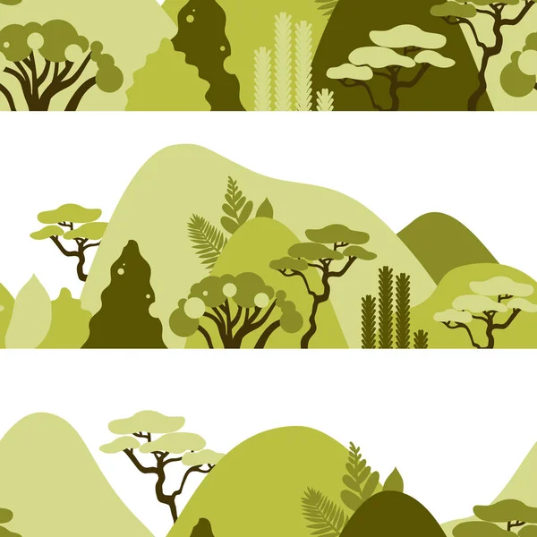 Paisaje Montañoso Montañoso Con Plantas Árboles Tropicales Palmeras Suculentas Estilo — Vector de stock