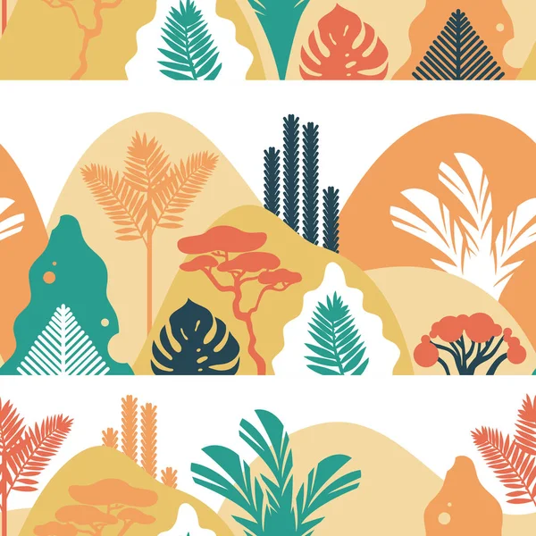 Seamless modeli. Tropik bitkiler ve ağaçlar, avuç içi, succulents, dağ dağlık yatay. İskandinav tarzı. Çevrenin korunması, ekoloji. Park, dış uzay, açık. Vektör çizim.