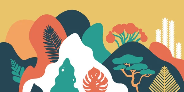 Seamless modeli. Tropik bitkiler ve ağaçlar, avuç içi, succulents, dağ dağlık yatay. İskandinav tarzı. Çevrenin korunması, ekoloji. Park, dış uzay, açık. Vektör çizim.