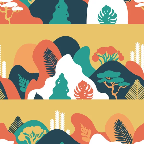 Paisaje Montañoso Montañoso Con Plantas Árboles Tropicales Palmeras Suculentas Paisaje — Vector de stock