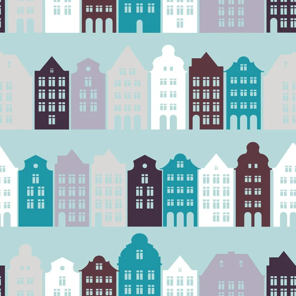 Seamless Pattern European Residential Houses Streets Historic Architecture City Tourism — Stock Vector