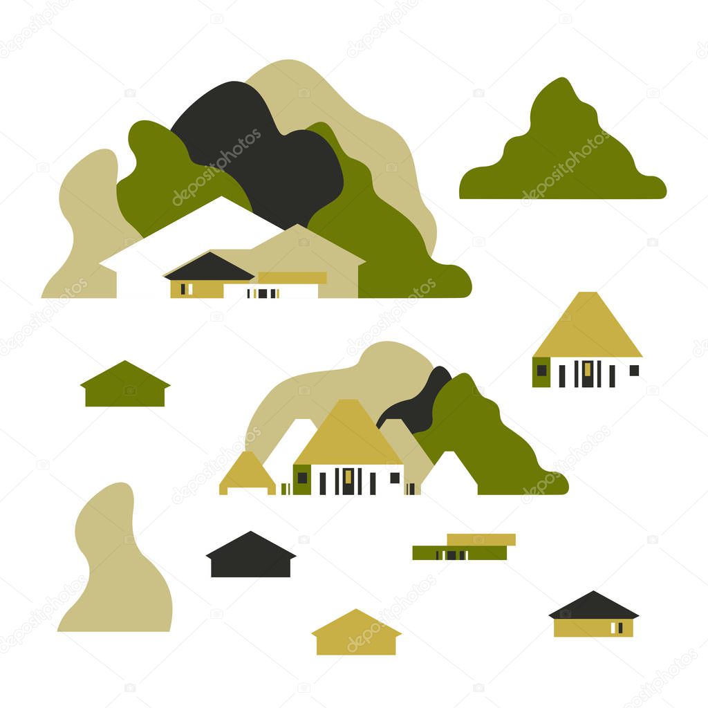 House among the hills and trees. Flat style. Tourism and recreation. Set of elements. Vector illustration.