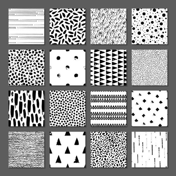 16 tane pürüzsüz doku. Damlalar, noktalar, çizgiler, çizgiler, daireler, kareler, dikdörtgenler. Soyut formlar geniş bir kalem ve mürekkep çizdi. Siyah beyaz arka planlar. El çizimi. Vektör illüstrasyonu.