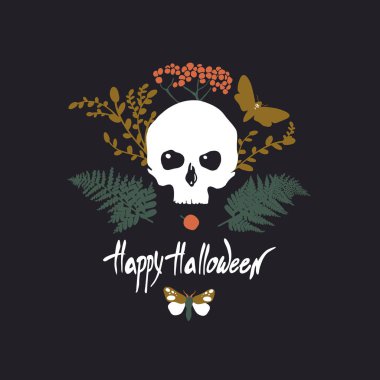 Cadılar Bayramınız Kutlu Olsun. Kafatasları, kelebekler, pervane, eğrelti otları, çilek ile kartı. Vektör çizim.