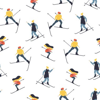 Kayak kişi ile Seamless modeli. Kadın ve erkek kış sporları için gidin. Vektör çizim.