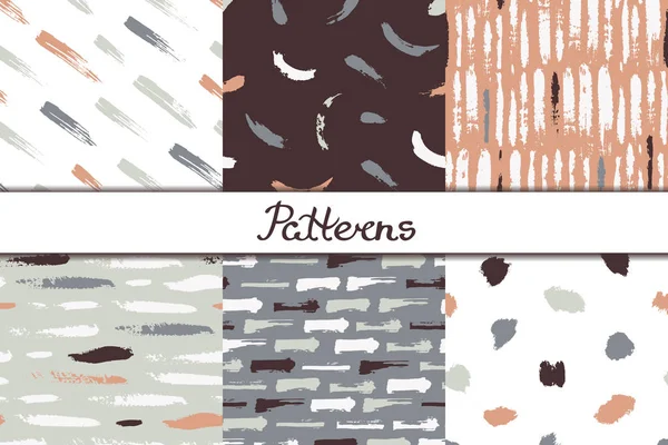 Set Abstract Seamless Patterns Spots Stripes Circles Strokes Painted Paint — Stock Vector