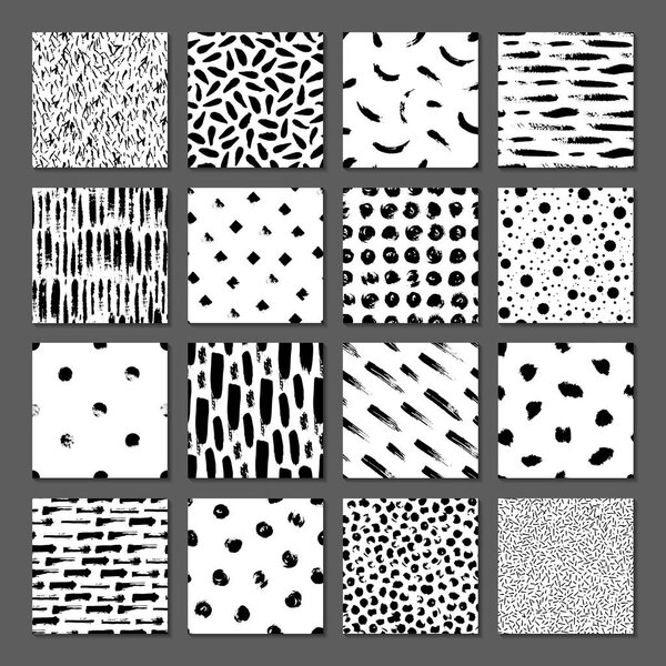 Set of 16 seamless pattern. Drops, points, lines, stripes, circles, squares, rectangles. Abstract forms drawn a wide pen and ink. Backgrounds in black and white. Hand drawn. Vector illustration.