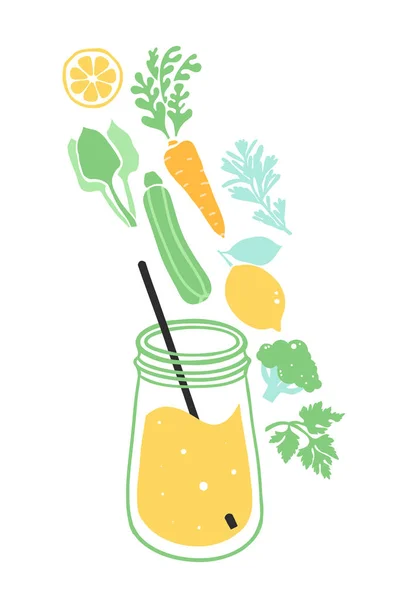 Vegetable Drink Smoothies Made Broccoli Lemon Cucumber Zucchini Carrots Spinach — Stock Vector