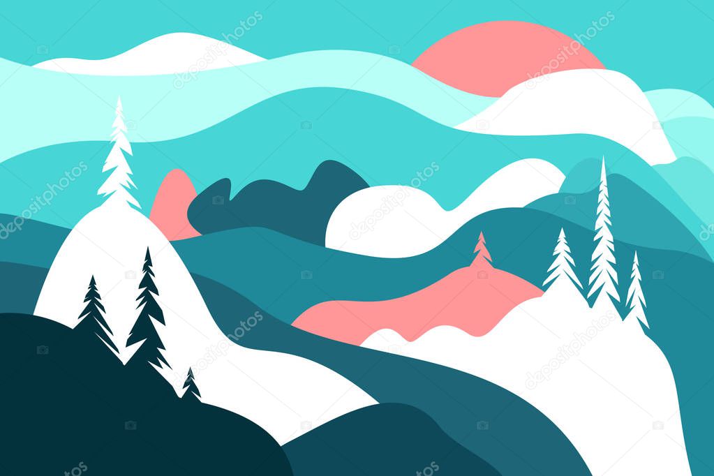 Merry Christmas. Postcard with mountains and snow covered hills, snowfall and the sun, trees. Winter landscape. Vector illustration.