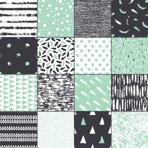 16 kesintisiz doku kümesi. Damla, noktalar, çizgiler, çizgiler, daireler, kareler, dikdörtgenler. Soyut formların bir geniş kalem ve mürekkep çizilmiş. Elle çizilmiş. Vektör çizim.