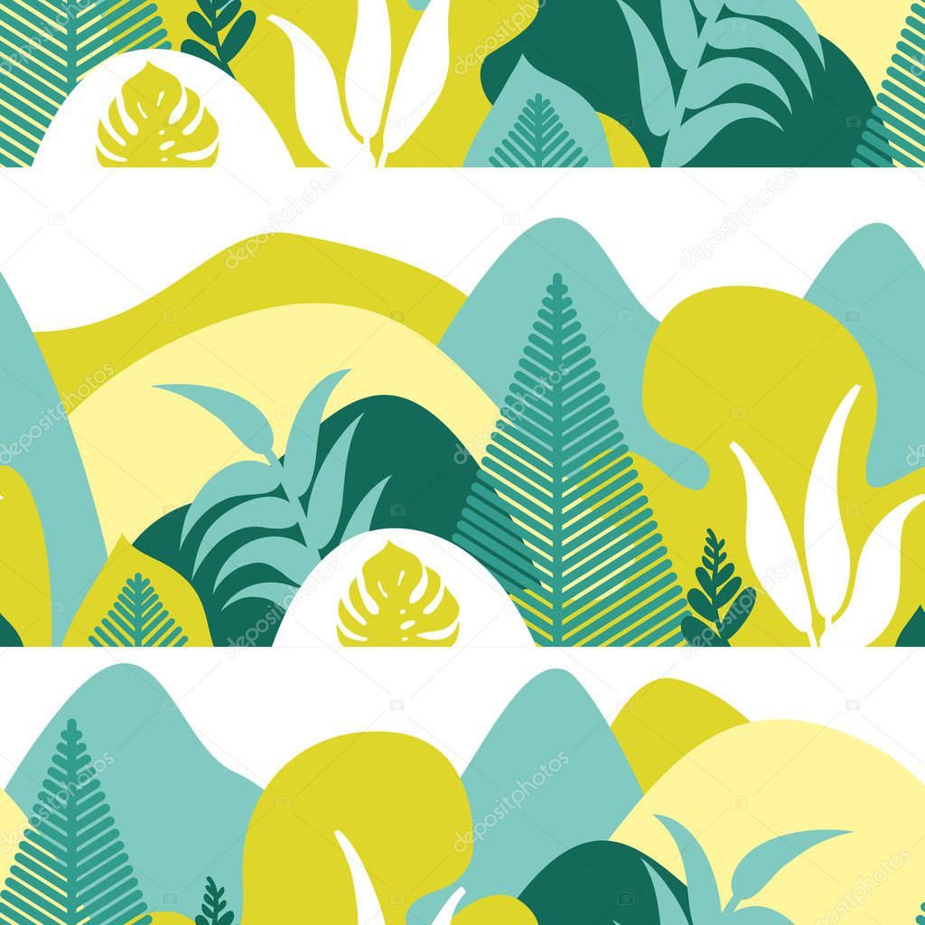 Seamless pattern. Mountain hilly landscape with tropical plants and trees, palms, succulents. Scandinavian style. Environmental protection, ecology. Park, exterior space, outdoor. Vector illustration.