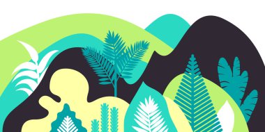 Tropik bitkiler ve ağaçlar, avuç içi, succulents, dağ dağlık yatay. Asya manzara sıcak pastel renklerde. İskandinav tarzı. Çevrenin korunması, ekoloji. Park, dış uzay, açık. Vektör çizim.