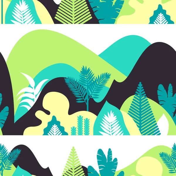 无缝模式 山丘陵景观与热带植物和树 肉质植物 斯堪的纳维亚风格 室外空间 矢量插图 — 图库矢量图片