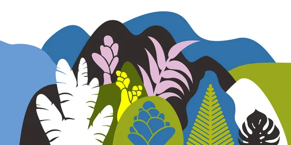 Bergige Hügellandschaft Mit Tropischen Pflanzen Und Bäumen Palmen Sukkulenten Skandinavischer — Stockvektor