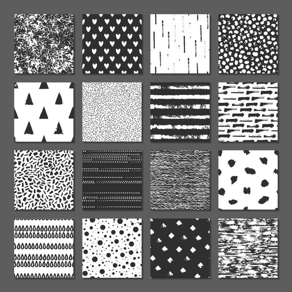 Set of 16 seamless pattern. Drops, points, lines, stripes, circles, squares, rectangles. Abstract forms drawn a wide pen and ink. Backgrounds in black and white. Hand drawn. Vector illustration.