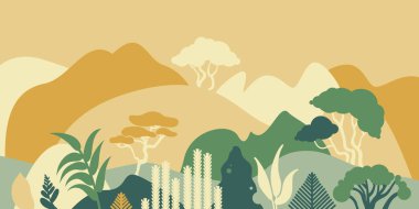 Tropik bitkiler ve ağaçlar, avuç içi, succulents, dağ dağlık yatay. Asya manzara sıcak pastel renklerde. İskandinav tarzı. Çevrenin korunması, ekoloji. Park, dış uzay, açık. Vektör çizim.