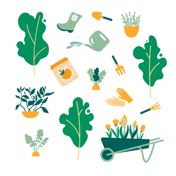 Bahçe öğeler kümesi. Ağaçlar, bitkiler, meyve, otlar, araçlar, eldiven, çizme, tırmık, kürek, tohum, çiçek sepeti. Vektör çizim.