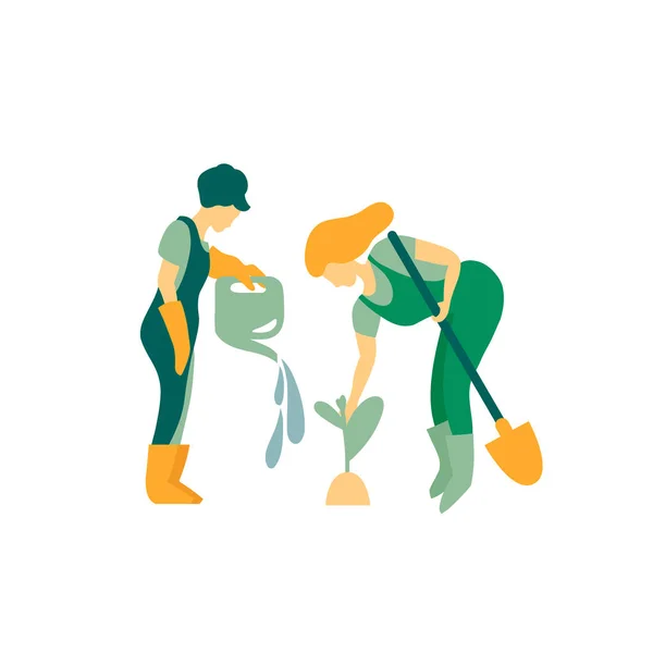 Kadınlar bahçıvanlar bitkiler dikim nişanlandık. Sulama ve bitkiler temizlik. Bahar ve yaz sezonu çalışır. Düz stil vektör çizim.