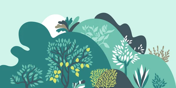 Dağlık manzara ağaçlar, çalılar ve bitkiler ile. Bitki yetiştirme ve Bahçe. Koruma ve çevrenin korunması. Vektör çizim.