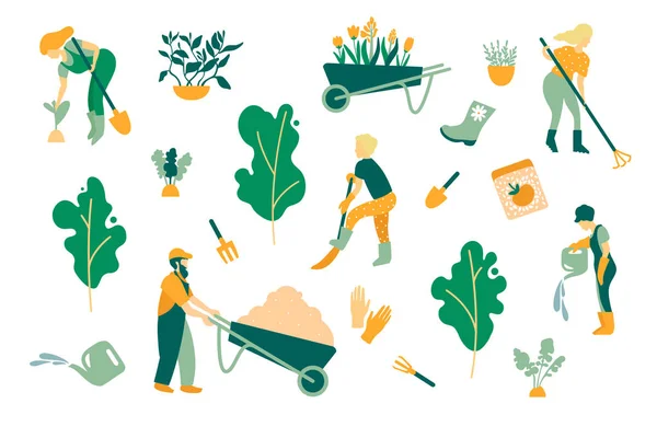 Jardinagem. Um conjunto de objetos e pessoas envolvidas no cuidado das plantas. Jardineiros homens e mulheres, ferramentas de cuidados, árvores e plantas. Ilustração vetorial . — Vetor de Stock