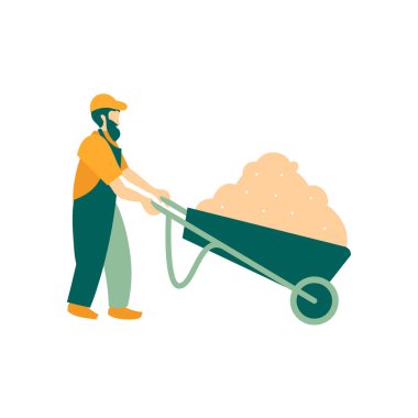 Bir arabada yaşlı bir bahçıvan toprağı taşır. Sepet bahar lale ve Hyacinths içinde. Çiftçi ekmekle meşgul. Çalışma bahar ve yaz sezonu. Düz tarzda vektör Illustration.