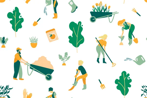 Χωρίς ραφές στο θέμα της κηπουρικής. Ένα σύνολο αντικειμένων και ανθρώπων που εμπλέκονται στη φροντίδα των φυτών. Κηπουροί άνδρες και γυναίκες, Εργαλεία φροντίδας, δέντρα και φυτά. Απεικόνιση διανυσματικών φορέων. — Διανυσματικό Αρχείο
