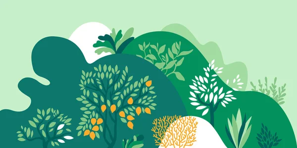 Paisaje montañoso con árboles, arbustos y plantas. Cultivo de plantas y jardinería. Protección y conservación del medio ambiente. Día de la Tierra. Ilustración vectorial. — Vector de stock