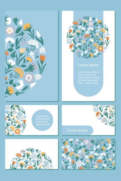 Business card template. Design with spring flowers on blue and white background, seamless pattern. Vector illustration. — Stock Vector