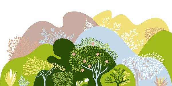 Paisaje montañoso con árboles, arbustos y plantas. Cultivo de plantas y jardinería. Protección y conservación del medio ambiente. Día de la Tierra. Ilustración vectorial. — Vector de stock