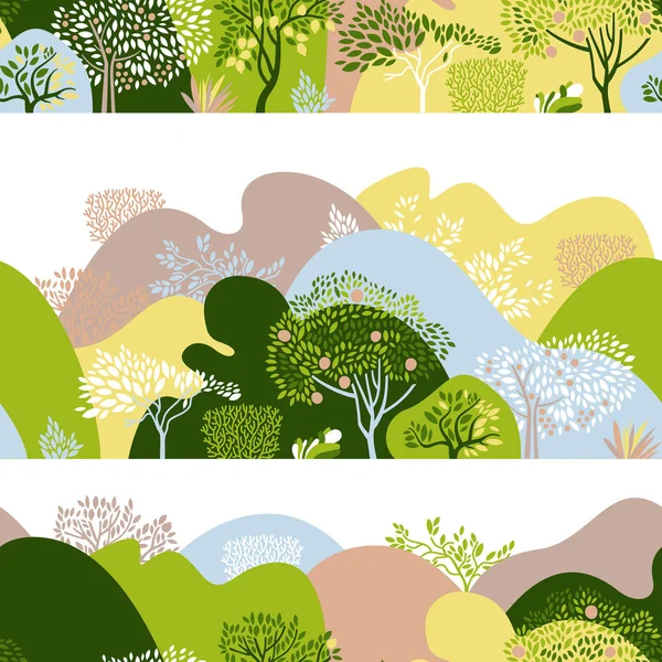 Dağlık arazisi, ağaçları, çalıları ve bitkileri olan kusursuz bir desen. Bitkiler ve bahçıvanlık. Çevreyi koruma ve koruma. Dünya Günü. Vektör illüstrasyonu.