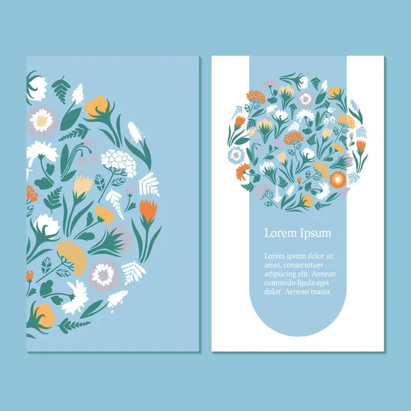 Business card template. Design with spring flowers on blue and white background, seamless pattern. Vector illustration. — Stock Vector