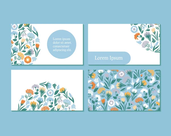 Business card template. Design with spring flowers on blue and white background, seamless pattern. Vector illustration. — Stock Vector