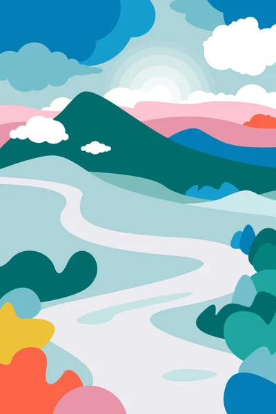 Paisaje de montaña con un río curvado en primer plano y los bosques que lo enmarcan. Nubes cúmulos. El cartel sobre el tema del turismo, la recreación, la protección del medio ambiente. Paisaje en el Día de la Tierra. Ilustración vectorial . — Vector de stock