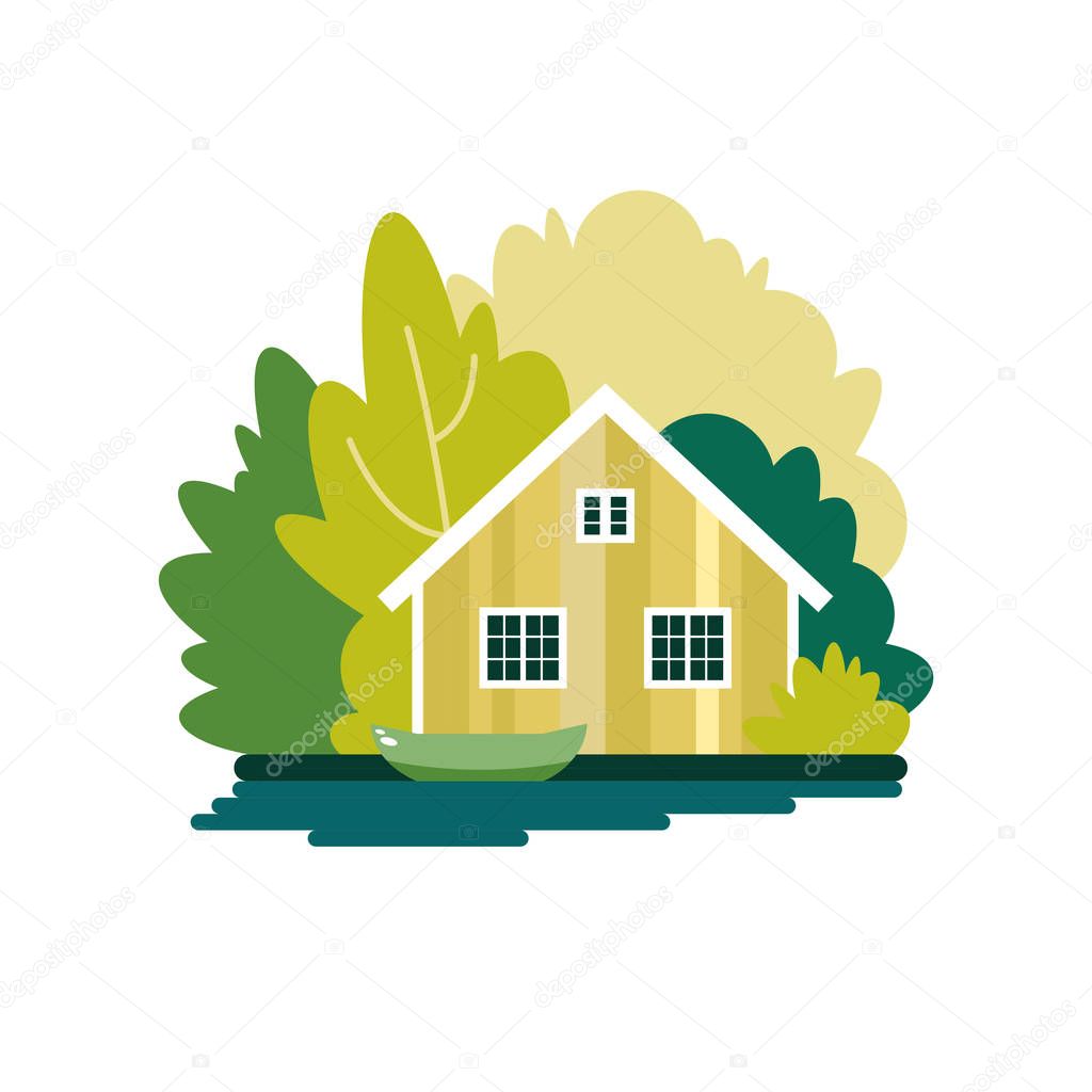 House with a boat on a lake in the summer forest. The poster on the theme of fishing, tourism and recreation. Vector illustration.