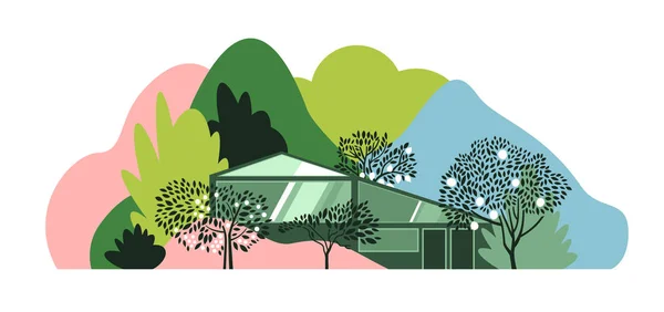 Modernes Haus im Wald zwischen Hügeln, Bergen und Wäldern. Vektorillustration. — Stockvektor