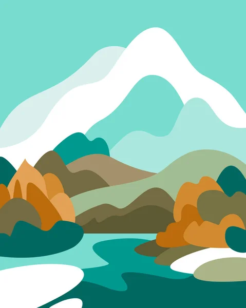 Zomer berglandschap van de voet, hellingen, gletsjers en sneeuw GLB. Bossen en bomen, rivier. Banner voor toerisme, ecologie, behoud van het milieu. Vectorillustratie. — Stockvector