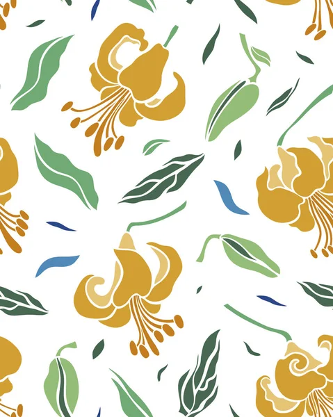 Nahtloses Muster mit goldenen Blütenlilien und blauen, grünen Blättern auf weißem Hintergrund. Oberflächengestaltung. Textur für Stoff, Tapete, Papier. Vektorillustration. — Stockvektor