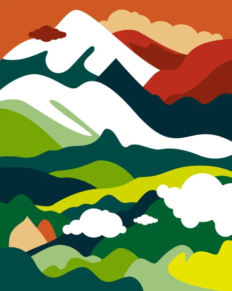 Asijská krajina s horskými vrcholky, kopci, lesy a poli, zamračená obloha. Vertikální plakát na téma cestovního ruchu, ochrana životního prostředí, ekologie. Vektorová ilustrace v plochém stylu. — Stockový vektor
