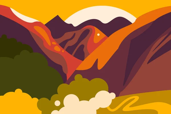 산봉우리, 언덕, 숲, 들판이 있는 아시아 의 풍경. 관광, 환경 보호, 생태를 주제로 한 수평 포스터. 플랫 스타일의 벡터 일러스트레이션. — 스톡 벡터