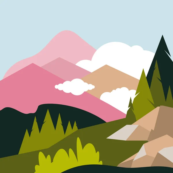 Пейзаж Гірськими Вершинами Хмарах Вирощений Лісом Передньому Плані Дерева Камені — стоковий вектор