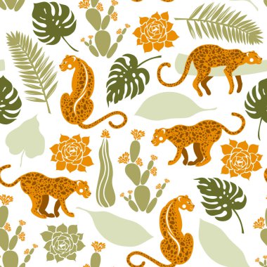 Tropikal yapraklar, kaktüsler ve sulu sularda leopar desenleri. Vahşi yaşam, bitki örtüsü ve hayvan. Vektör illüstrasyonu.