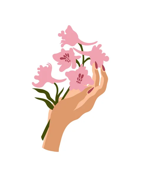 花を持つ女性の手 化粧品 パーソナルケア エコロジーのためのイラスト ベクターイラスト — ストックベクタ