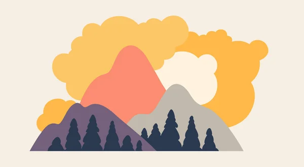 Логотип Подорожі Пейзаж Горами Лісом Хмарами Векторні Ілюстрації — стоковий вектор