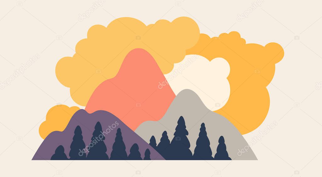 Travel logo. Landscape with mountains, forest and clouds. Vector illustration.