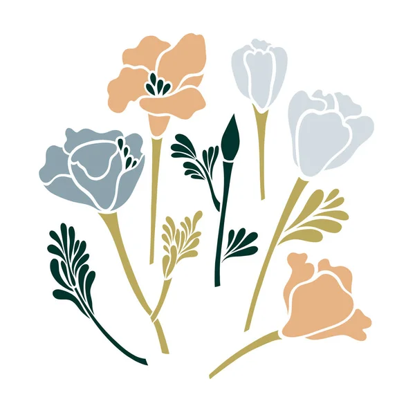 Ramo Flores Jardín Rosa Azul Conjunto Plantas Con Flores Impresión — Vector de stock